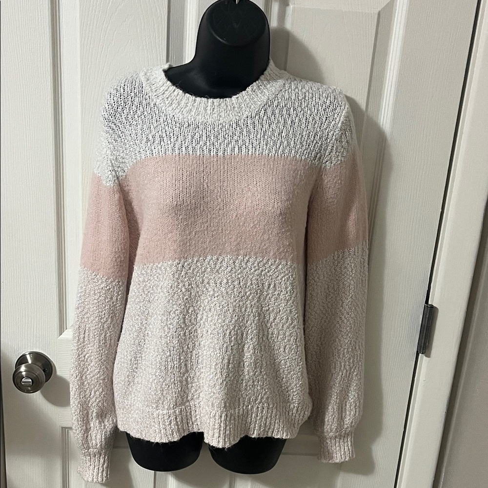 Hem & Thread Blush and Cream Striped Bubble Knit Crewneck Sweater